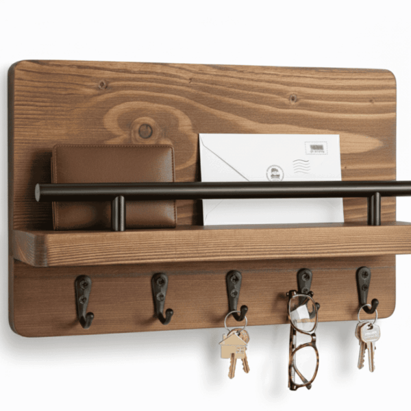 منظم مدخل خشبي بحاجز معدني علاقة مفاتيح ومحفظة ونظارة