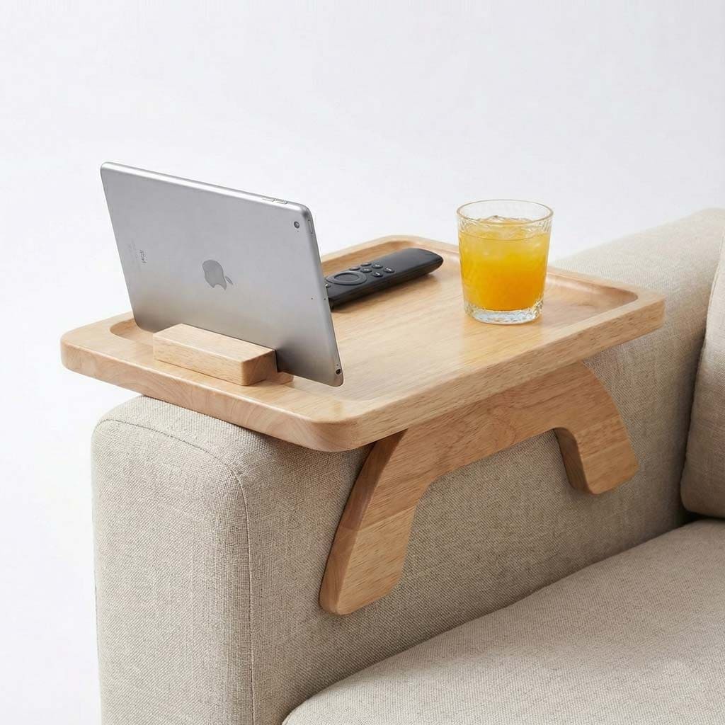 ترابيزة جانبية خشبية للكنبة مع حامل موبايل وتابلت - خشب زان طبيعي