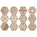 طقم 12 كوستر خشبي بنقشات هندسية — حامل أكواب أنيق للسفرة والمكتب