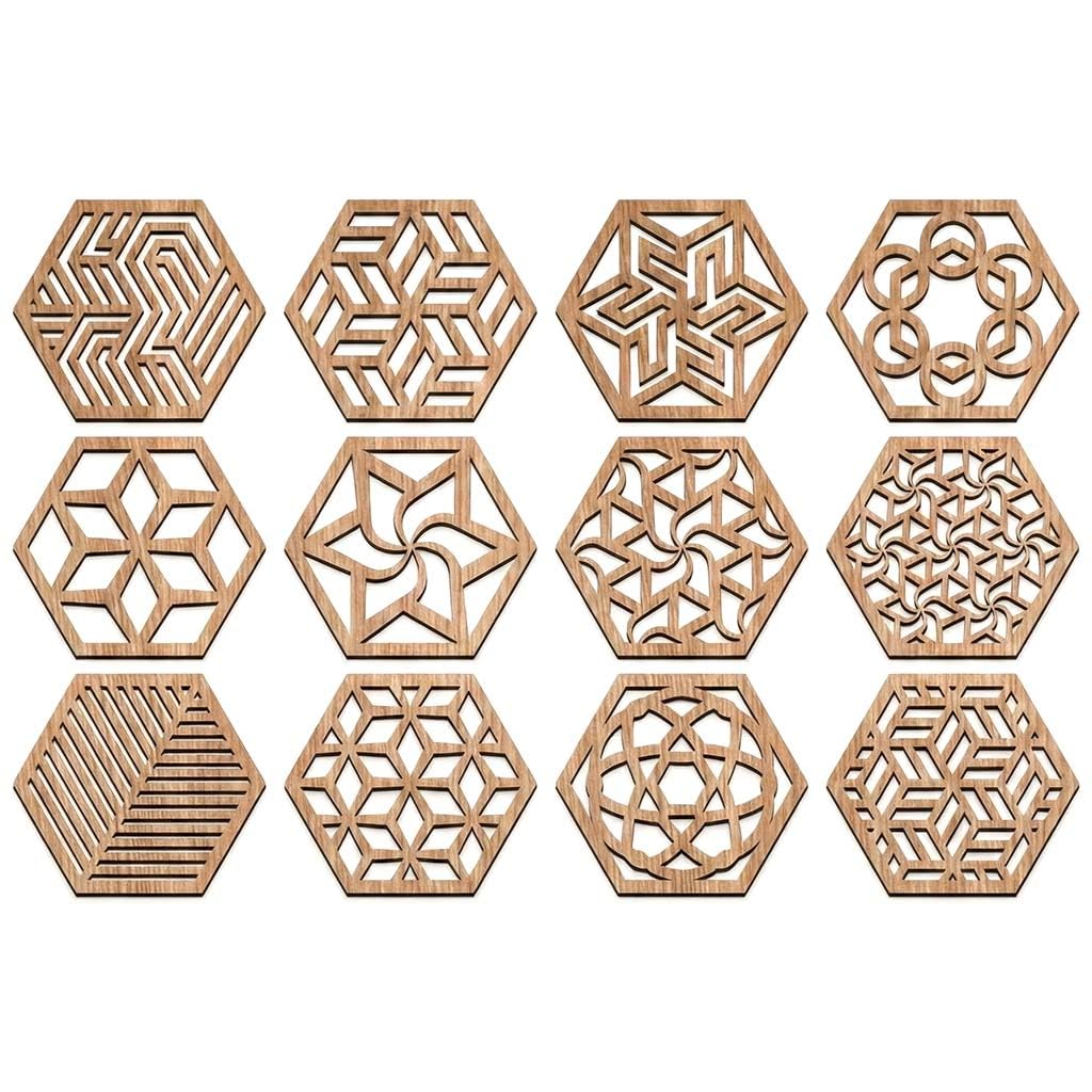 طقم 12 كوستر خشبي بنقشات هندسية — حامل أكواب أنيق للسفرة والمكتب