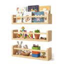 طقم 3 أرفف حائط خشبية بحاجز أمامي - للمطبخ والحمام وغرفة الأطفال