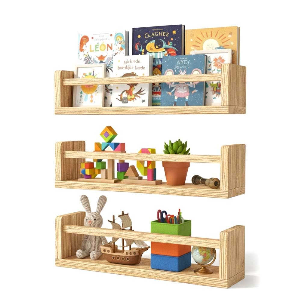 طقم 3 أرفف حائط خشبية بحاجز أمامي - للمطبخ والحمام وغرفة الأطفال