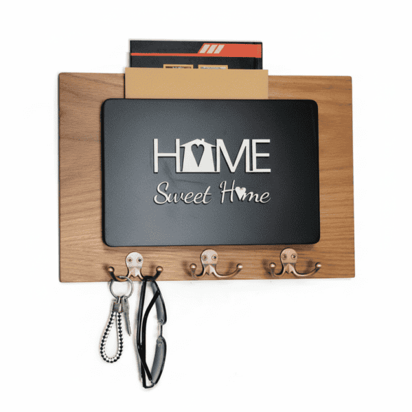 حامل مفاتيح حائطي "Home Sweet Home" خشب ومعدن - منظم مدخل أنيق