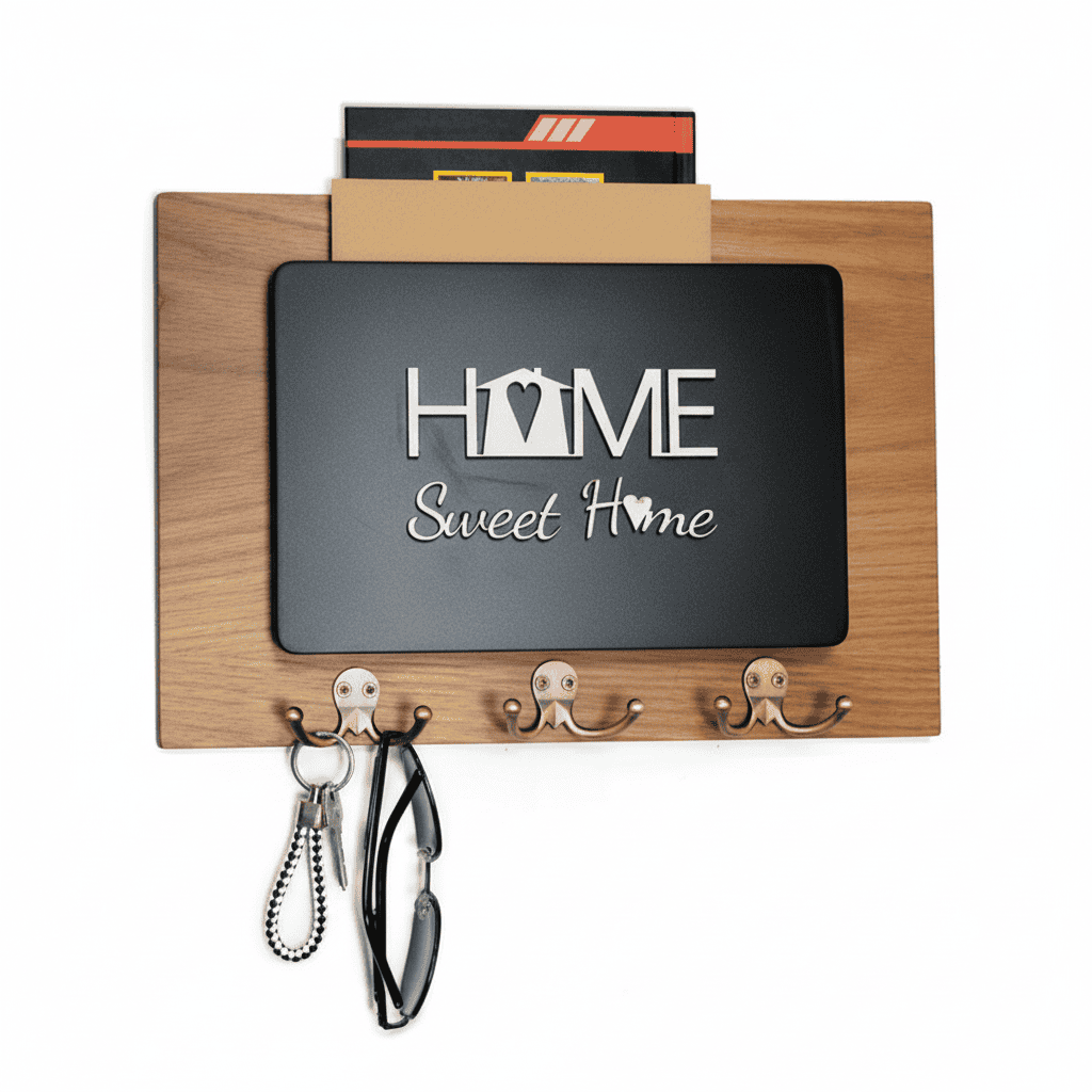 حامل مفاتيح حائطي "Home Sweet Home" خشب ومعدن - منظم مدخل أنيق