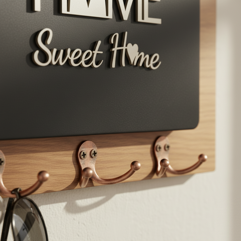 حامل مفاتيح حائطي "Home Sweet Home" خشب ومعدن - منظم مدخل أنيق - الصورة 4