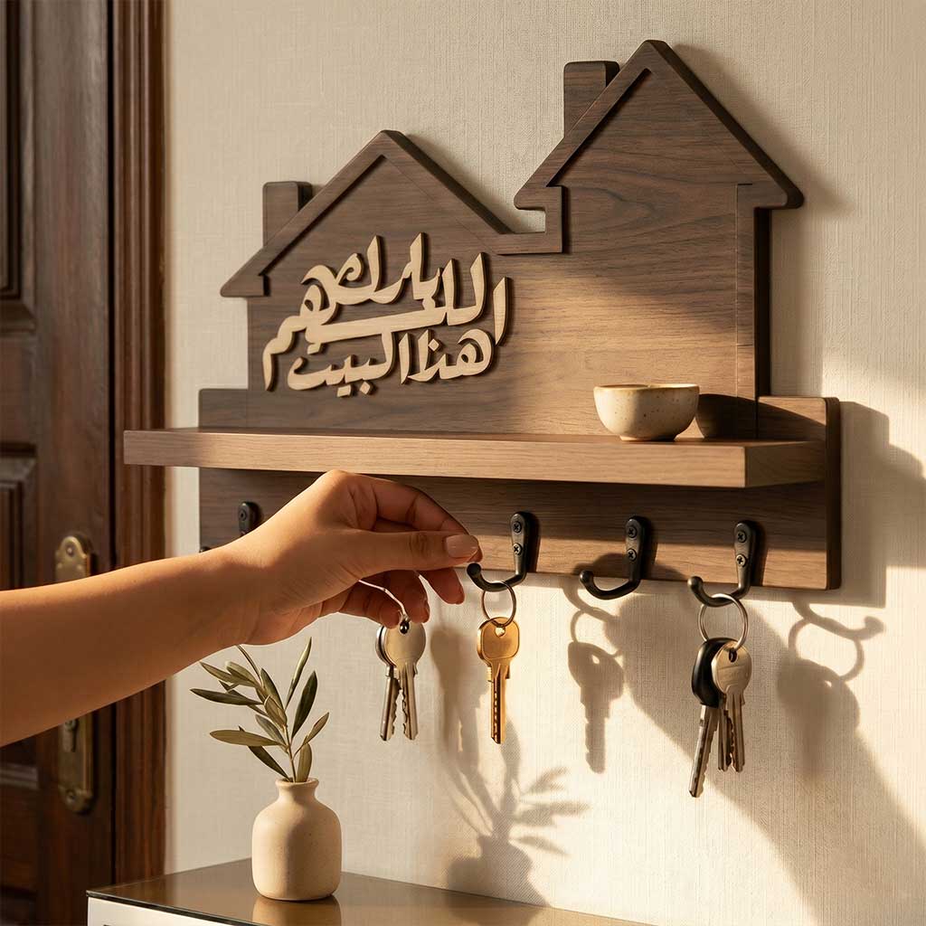 رف حائط خشبي اللهم بارك، تفصيلة دافئة في المدخل